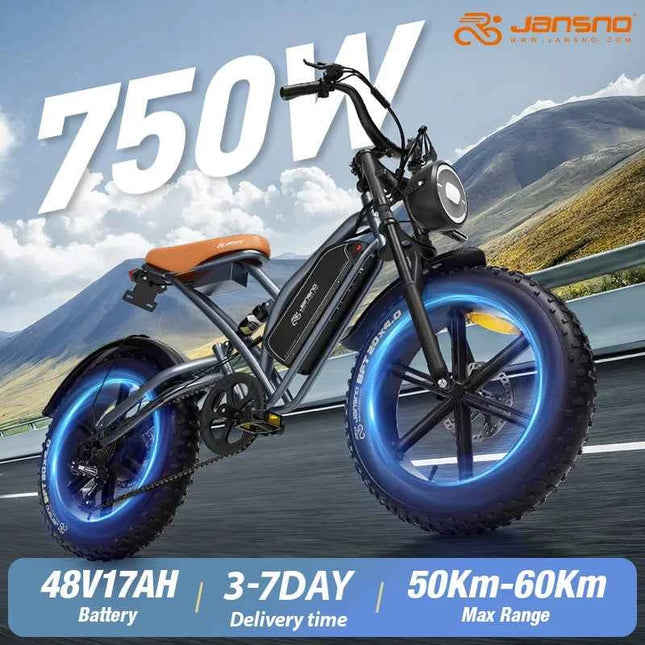 JANSNO X50 Adults Electric Bike 750/250W 48V17AH Removable battery Fat Tire 20" Off Road Mountain Ebike 25MPH Electric Bicycle