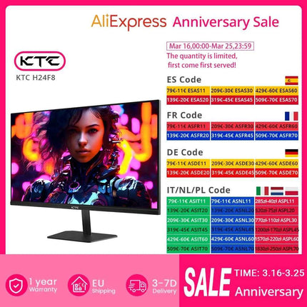 KTC H24F8 Gaming Monitor, 23.8 inch 1920*1080 16:9 Fast IPS Screen, 190Hz Refresh Rate, 1ms Response Time, HDR10, 135% sRGB