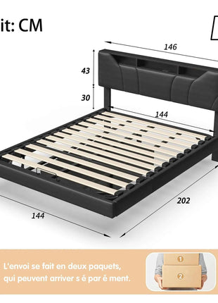 Superaly 140/160x200cm LED Upholstered Bed,PU Hydraulic Double Bed with Storage Space & Slatted Frame,Adjustable Headboard,Black