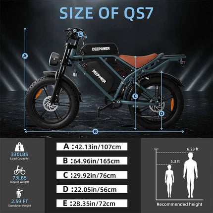 DEEPOWER 1500W Adult Electric Bike 48V 60AH Dual Battery Electric Bicycle 20-inch Fat Tire Outdoor Off-Road All-Terrain Ebike