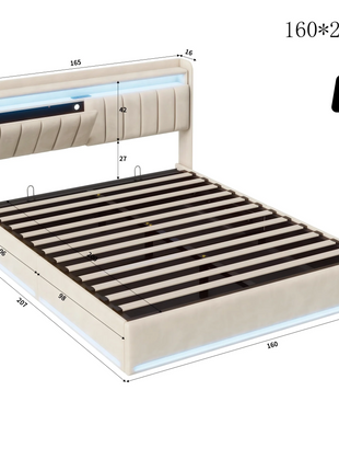 Upholstery bed Rosahqnda,140x200cm, with LED lighting and USB, open/closed storage space, single/double bed, slatted frame, velvet