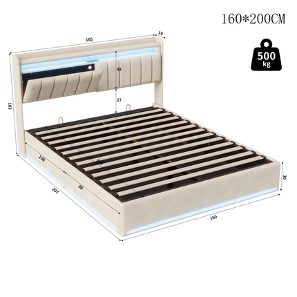 Upholstery bed Rosahqnda,140x200cm, with LED lighting and USB, open/closed storage space, single/double bed, slatted frame, velvet