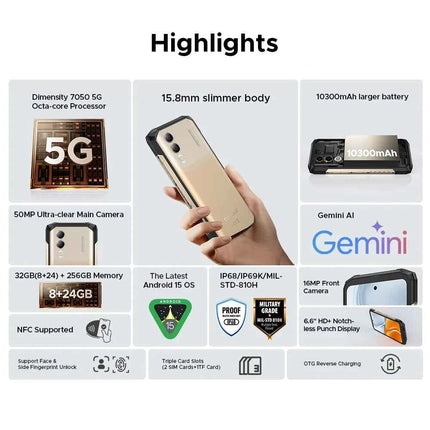 DOOGEE Blade20 Turbo 5G Rugged Phone Gemini Al 6.6'' Screen 10300mAh Battery 8GB 256GB 50MP Camera Android 15 NFC Mobile Phone