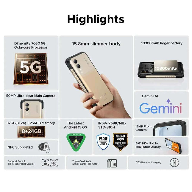DOOGEE Blade20 Turbo 5G Rugged Phone Gemini Al 6.6'' Screen 10300mAh Battery 8GB 256GB 50MP Camera Android 15 NFC Mobile Phone