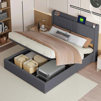 Superaly Hydraulic Storage Bed Frame 140x200cm/160X200cm Upholstered Double Bed with USB Charging Port,Linen Fabric