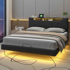 Superaly 140/160x200cm LED Upholstered Bed,PU Hydraulic Double Bed with Storage Space & Slatted Frame,Adjustable Headboard,Black