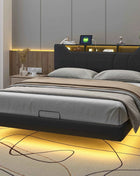 Superaly 140/160x200cm LED Upholstered Bed,PU Hydraulic Double Bed with Storage Space & Slatted Frame,Adjustable Headboard,Black