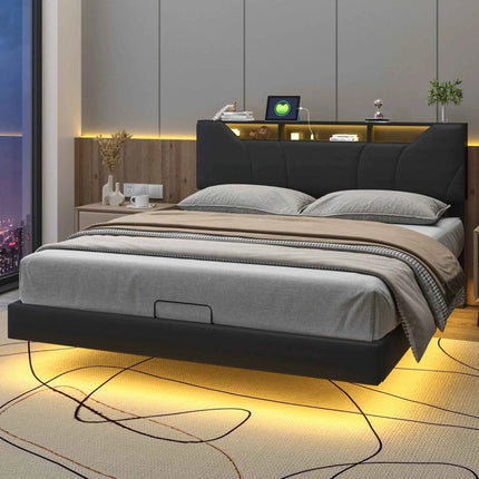 Superaly 140/160x200cm LED Upholstered Bed,PU Hydraulic Double Bed with Storage Space & Slatted Frame,Adjustable Headboard,Black