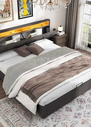 Upholstered bed 160x200 cm with storage, hydraulic storage bed, double bed with bed box, bed with 2 drawers, stowable headboard, youth bed, without mattress, linen, grey