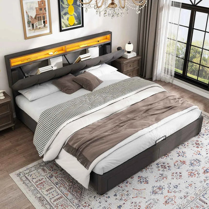Upholstered bed 160x200 cm with storage, hydraulic storage bed, double bed with bed box, bed with 2 drawers, stowable headboard, youth bed, without mattress, linen, grey