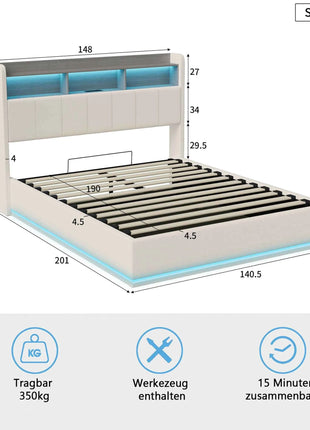 MINGZHE double bed 90/140/160x200 cm/140x190cm with LED USB, metal structure, velvet, mattress not included