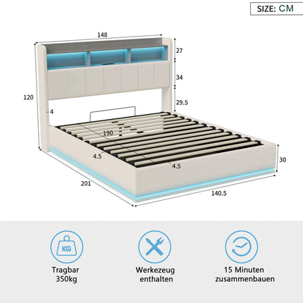MINGZHE double bed 90/140/160x200 cm/140x190cm with LED USB, metal structure, velvet, mattress not included