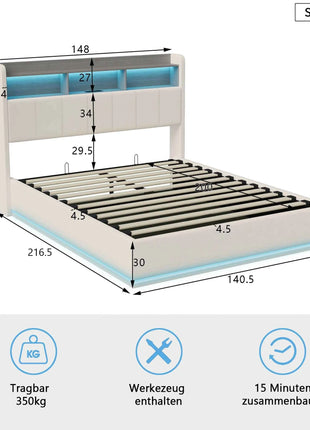 MINGZHE double bed 90/140/160x200 cm/140x190cm with LED USB, metal structure, velvet, mattress not included