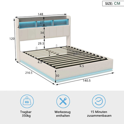MINGZHE double bed 90/140/160x200 cm/140x190cm with LED USB, metal structure, velvet, mattress not included