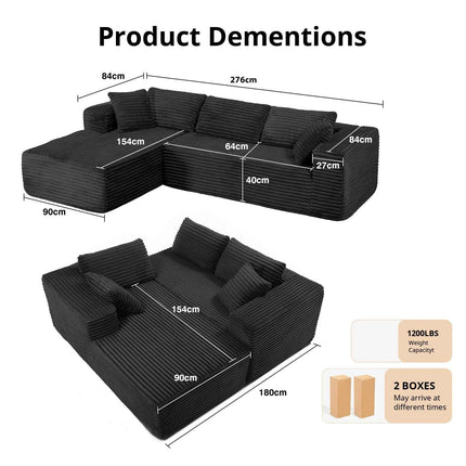 COMHOMA 105 ”Modular Sofa L-Shaped Couch Cord Fabric Chaise Longue For living room No Assembling Required
