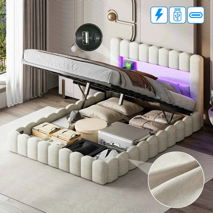 MINGZHE trunk bed with box trunk, Double upholstered bed with slatted box, 2-person bed with LED and USB