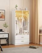 Superaly Armadio 175x50x80 cm con 2 ante in vetro, 1 asta appendiabiti, 2 cassetti, guardaroba con luci LED a sensore, mobile contenitore