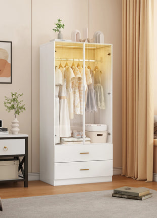 Superaly Armadio 175x50x80 cm con 2 ante in vetro, 1 asta appendiabiti, 2 cassetti, guardaroba con luci LED a sensore, mobile contenitore