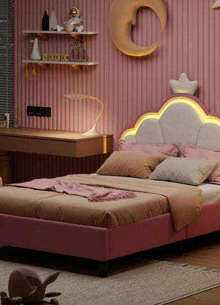 Children's Upholstered Bed 140 x 200 cm with LED Light, Single Upholstered Bed 90 x 200 cm, Princess Crown Design, Adjustable He