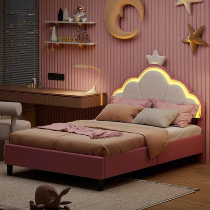 Children's Upholstered Bed 140 x 200 cm with LED Light, Single Upholstered Bed 90 x 200 cm, Princess Crown Design, Adjustable He