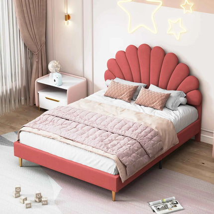 Double bed 140x200 cm, bed flower-shaped headboard, girl bed with slaty box, princess bed, velvet, Beige/Burgundy