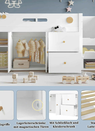 Wooden bed, Children's bed, Half height bed, storage strep with magnetic doors, With two large drawers and closet