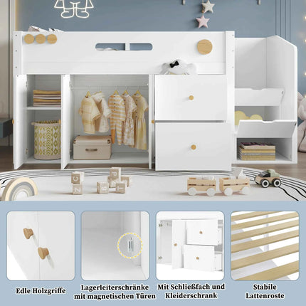 Wooden bed, Children's bed, Half height bed, storage strep with magnetic doors, With two large drawers and closet
