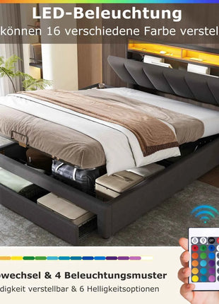 Upholstered bed 160x200 cm with storage, hydraulic storage bed, double bed with bed box, bed with 2 drawers, stowable headboard, youth bed, without mattress, linen, grey