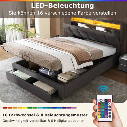 Upholstered bed 160x200 cm with storage, hydraulic storage bed, double bed with bed box, bed with 2 drawers, stowable headboard, youth bed, without mattress, linen, grey