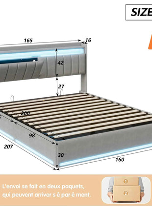 Rosahqnda Double Bed LED Lighting Headboard USB Connectors Storage Compartment Storage bed Guest bed Youth bed Velvet Fabric