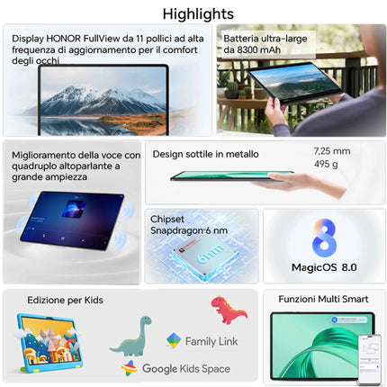 HONOR Pad X8a 4GB RAM/128GB ROM, 8300mAh, 11 Pollici 90Hz Eye Protection Display Tablet ,4 Altoparlanti,  Android 14, Space Grey