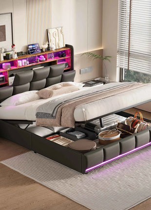 Bed 140x200, upholstered double bed with LED and USB, box spring bed, youth bed with storage headboard, hydraulic storage bed, backrest, bed frame with slatted base, black, PU, without mattress