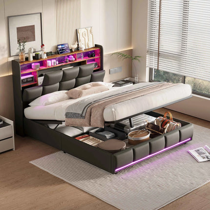 Bed 140x200, upholstered double bed with LED and USB, box spring bed, youth bed with storage headboard, hydraulic storage bed, backrest, bed frame with slatted base, black, PU, without mattress