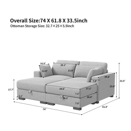 Modular corner Couch, 2/seater Couch, ribbed velvet padded with Couch-converted footed living room