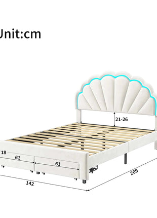 Rosahqnda Children bed 90 × 140 × 200cm LED & Drawers Princesses bed Crowns bed Petal bed Single Double, PU Velvet