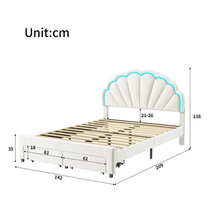 Rosahqnda Children bed 90 × 140 × 200cm LED & Drawers Princesses bed Crowns bed Petal bed Single Double, PU Velvet