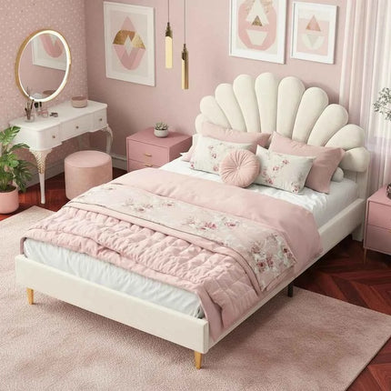 Double bed 140x200 cm, bed flower-shaped headboard, girl bed with slaty box, princess bed, velvet, Beige/Burgundy