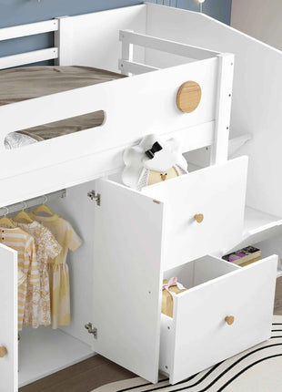 Wooden bed, Children's bed, Half height bed, storage strep with magnetic doors, With two large drawers and closet
