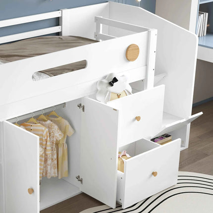 Wooden bed, Children's bed, Half height bed, storage strep with magnetic doors, With two large drawers and closet