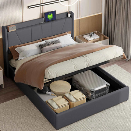 Superaly Hydraulic Storage Bed Frame 140x200cm/160X200cm Upholstered Double Bed with USB Charging Port,Linen Fabric