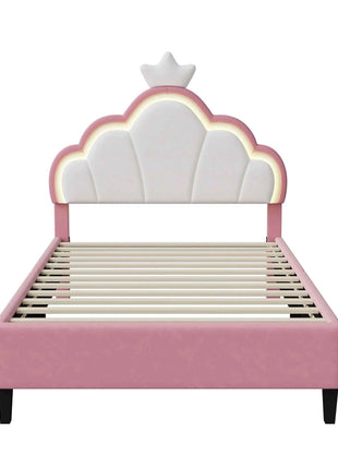 Children's Upholstered Bed 140 x 200 cm with LED Light, Single Upholstered Bed 90 x 200 cm, Princess Crown Design, Adjustable He