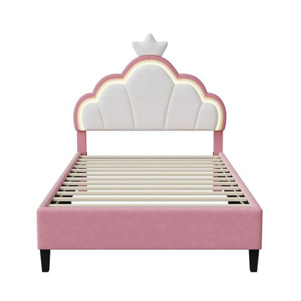 Children's Upholstered Bed 140 x 200 cm with LED Light, Single Upholstered Bed 90 x 200 cm, Princess Crown Design, Adjustable He