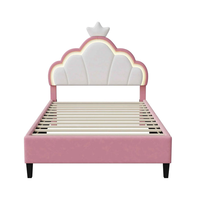 Children's Upholstered Bed 140 x 200 cm with LED Light, Single Upholstered Bed 90 x 200 cm, Princess Crown Design, Adjustable He