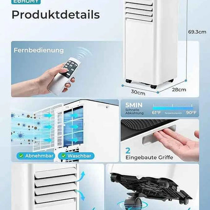 Condizionatore d'aria mobile 7000 BTU, 4-in-1, tubo di scarico, display, telecomando, kit per finestra, fino a 20 m², classe energetica A
