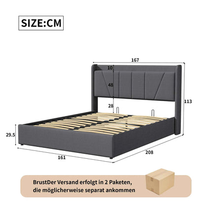 Superaly Hydraulic Storage Bed Frame 140x200cm/160X200cm Upholstered Double Bed with USB Charging Port,Linen Fabric