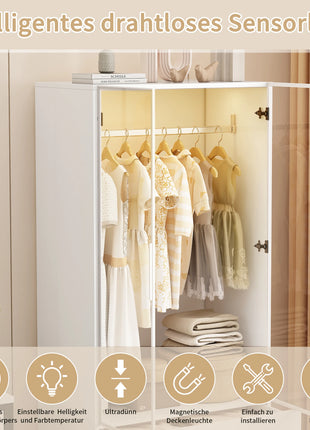 Superaly Armadio 175x50x80 cm con 2 ante in vetro, 1 asta appendiabiti, 2 cassetti, guardaroba con luci LED a sensore, mobile contenitore