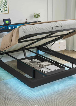 Superaly 140/160x200cm LED Upholstered Bed,PU Hydraulic Double Bed with Storage Space & Slatted Frame,Adjustable Headboard,Black