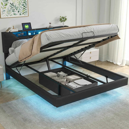 Superaly 140/160x200cm LED Upholstered Bed,PU Hydraulic Double Bed with Storage Space & Slatted Frame,Adjustable Headboard,Black
