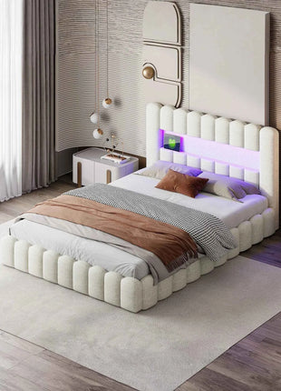 MINGZHE trunk bed with box trunk, Double upholstered bed with slatted box, 2-person bed with LED and USB