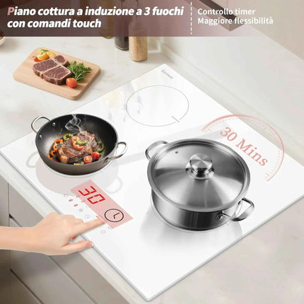 Karinear Induction Hob 3 Plates, White with Plug, Autonomous Hob Installation 59 cm, Boost, Safety Lock, Timer, 16 A, 220-240 V